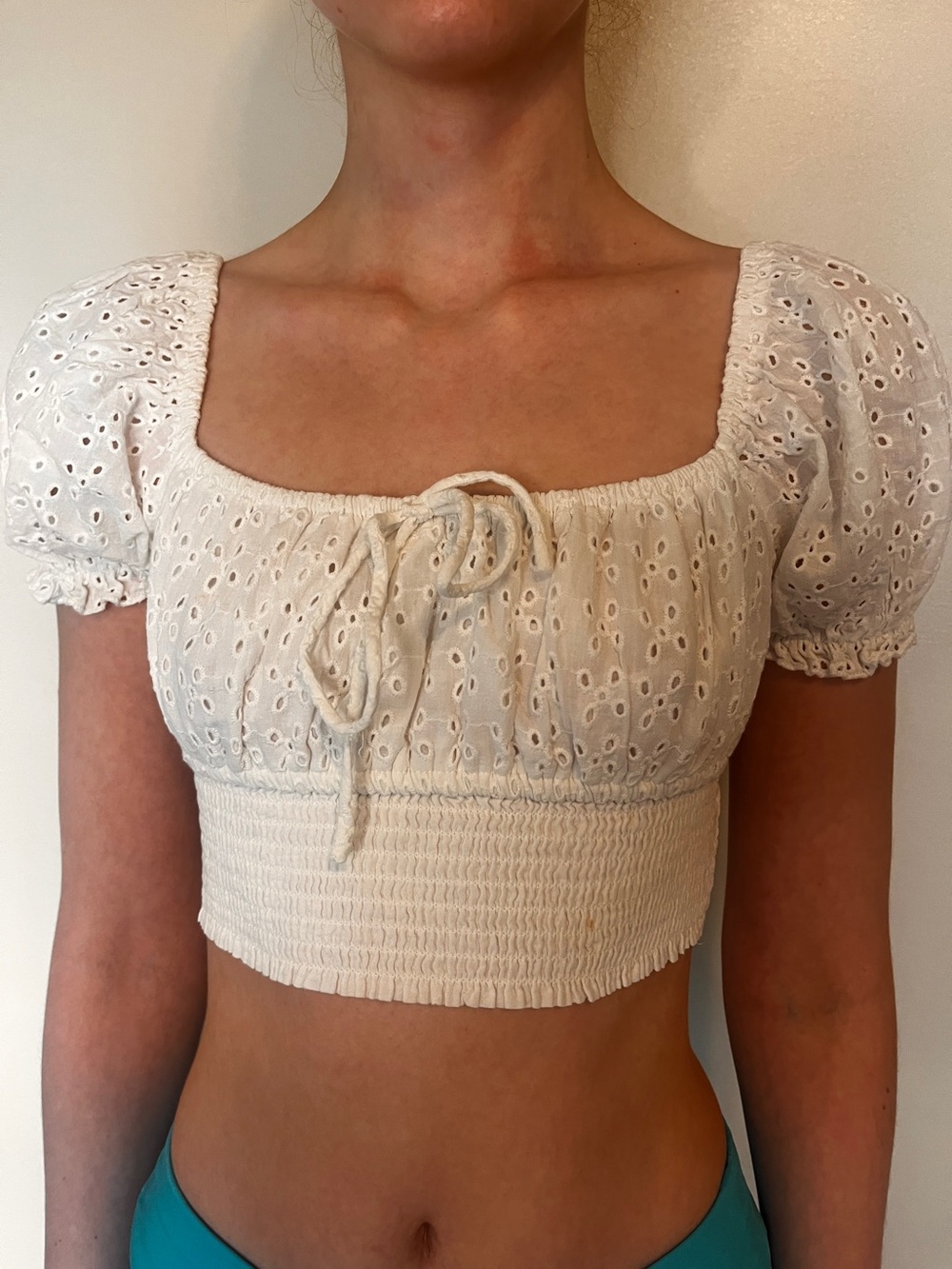 FB Sister White Eyelet Puff-Sleeve Cropped Top with Smocked Hem